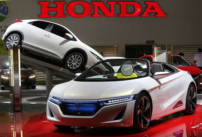 Honda's roadster EV-Ster electric car on display in Paris, France.