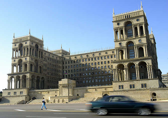 A view of the main government building in central Baku, Azerbaijan.
