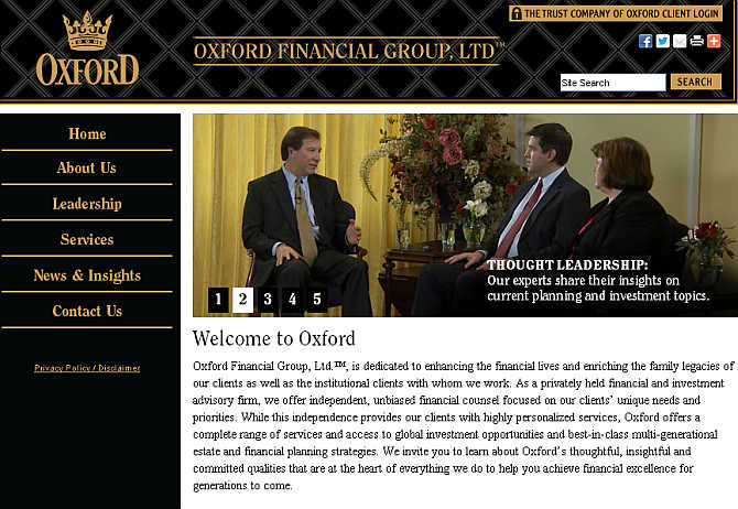 Homepage of Oxford Financial Group website.