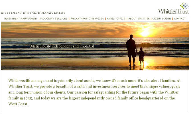 Homepage of Whittier Trust website.