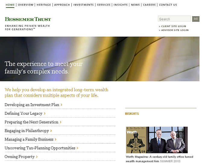 Homepage of Bessemer Trust website.