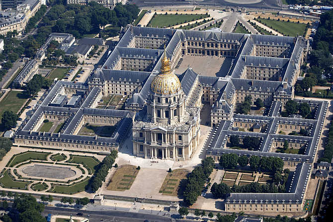 An aerial view shows Hotel des Invalides, Church of Saint Louis and Dome in Paris, France.