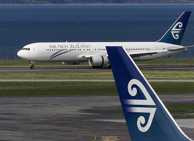 An Air New Zealand plane taxis at Auckland International Airport in New Zealand.