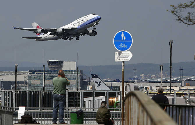 An aircraft of China Airlines takes off from the Fraport airport in Frankfurt, Germany.