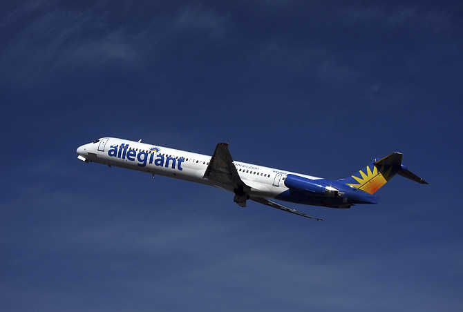 An Allegiant Air plane takes off from the Monterey airport in Monterey, California, United States.