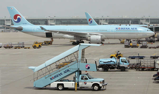 Korean Air's planes are parked at Incheon International Airport, west of Seoul, South Korea.