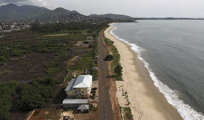 An aerial view shows Lumley Beach in the Sierra Leonean capital Freetown.