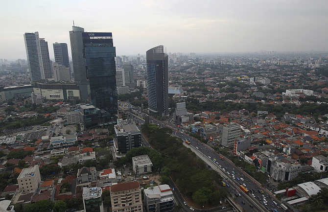 An aerial view of Indonesia's capital city of Jakarta, Indonesia.