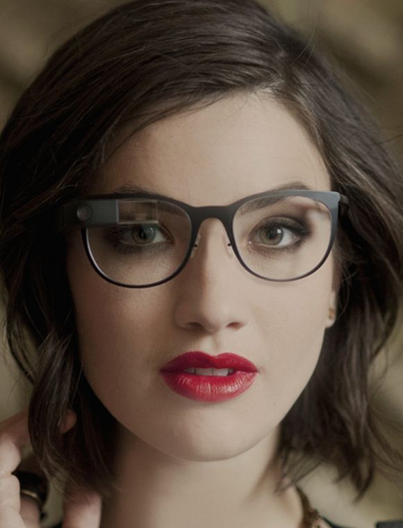 A model wearing Google Glass.