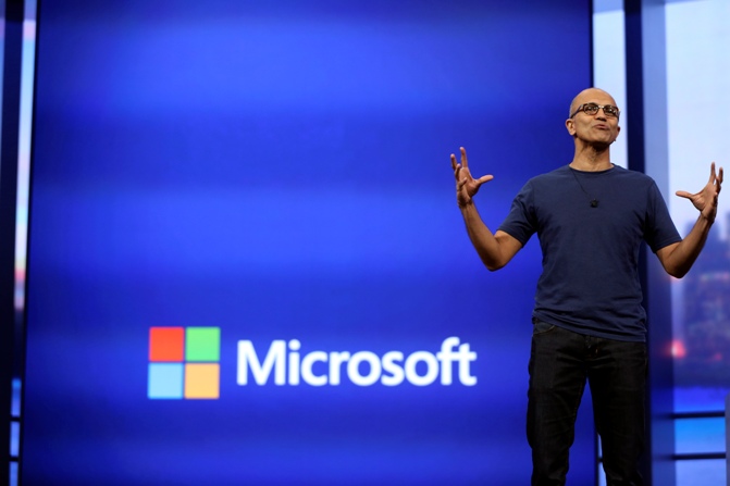 Microsoft CEO Satya Nadella gestures as he speaks during his keynote address at the company's 'build' conference in San Francisco, California April 2, 2014.