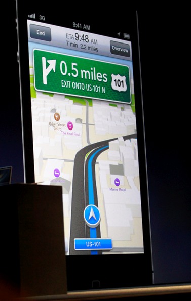 A screen shot showings turn-by-turn navigation using Apple's own maps and Siri in iOS6 is pictured during the Apple Worldwide Developers Conference.