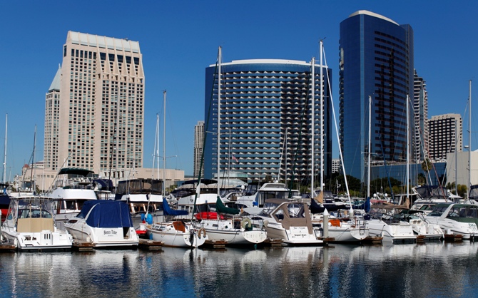 The Hyatt (L) and Marriott hotels are pictured next to the Embarcadero Marina in down town San Diego, California.