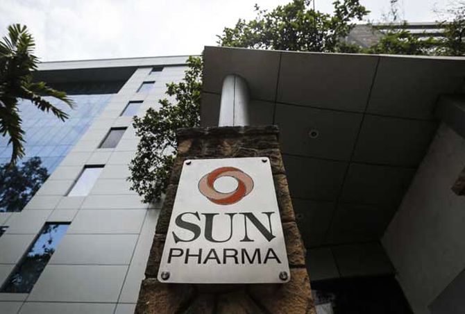 A logo of Sun Pharmaceutical Industries Ltd at its research and development center in Mumbai.