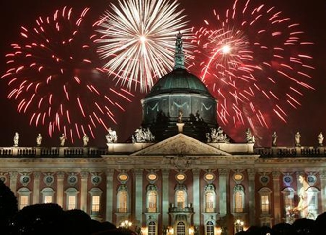A fireworks display is seen over the Neues Palais (New Palace) during a music festival in the city of Potsdam, south of Berlin.