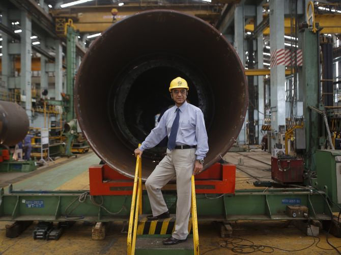 M. V. Kotwal, president of Larsen & Turbo Heavy Engineering, poses inside the company's manufacturing plant in Mumbai.