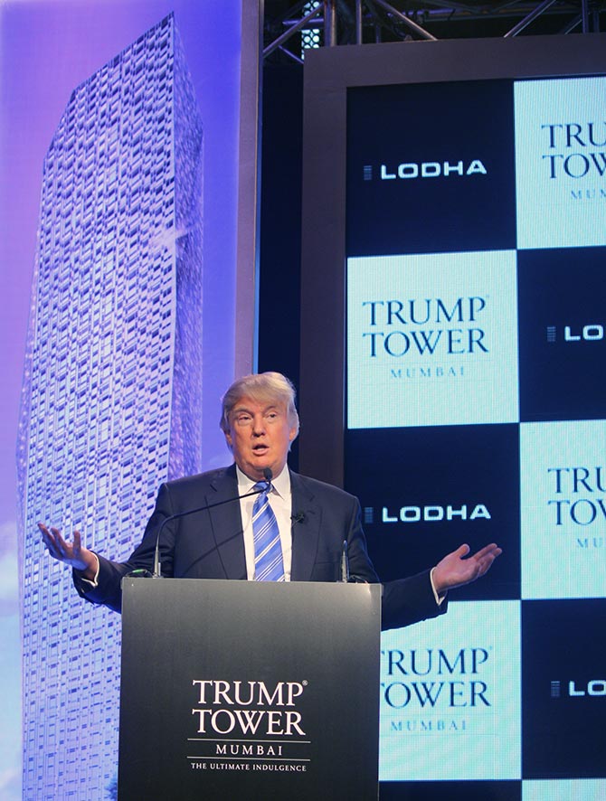 Donald Trump speaks at the press conference in Mumbai.