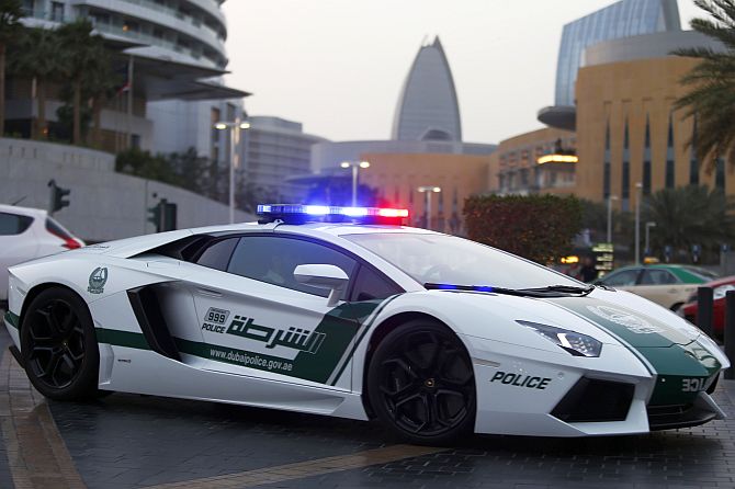 A Lamborghini Aventador, a model used by Dubai police, is seen on patrol in Dubai.