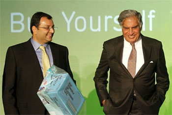 Tata Group Chairman Cyrus Mistry and Ratan Tata. Photograph: Vivek Prakash/Reuters