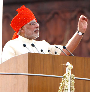 Narendra Modi addressing the Nation on the occasion of 68th Independence Day from the ramparts of Red Fort, in Delhi on August 15, 2014. Photograph: PIB