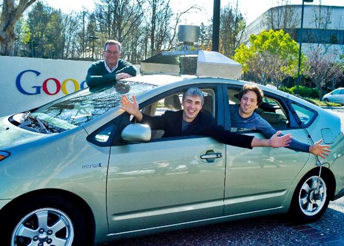 Eric Schmidt, Larry Page and Sergey Brin in a self-driving car.