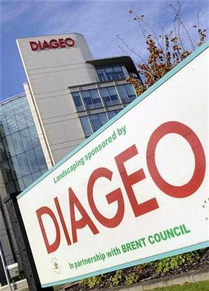 Signage is seen on the outside of Diageo offices in west London.