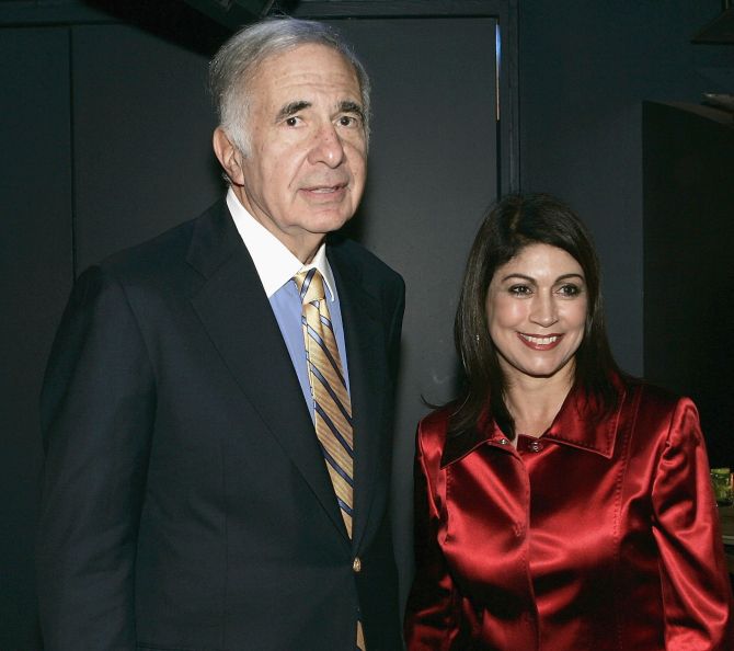 Carl Icahn is seen with owner Caroline Hirch at 'David Moore's Funny Business Show' at Caroline's on Broadway.