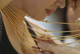 A model wears a gold ornament