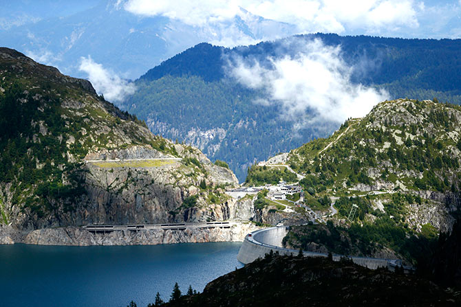 A general view of the Emosson dam is seen during a visit to the Nant de Drance hydropower plant near the village of Finhaut.