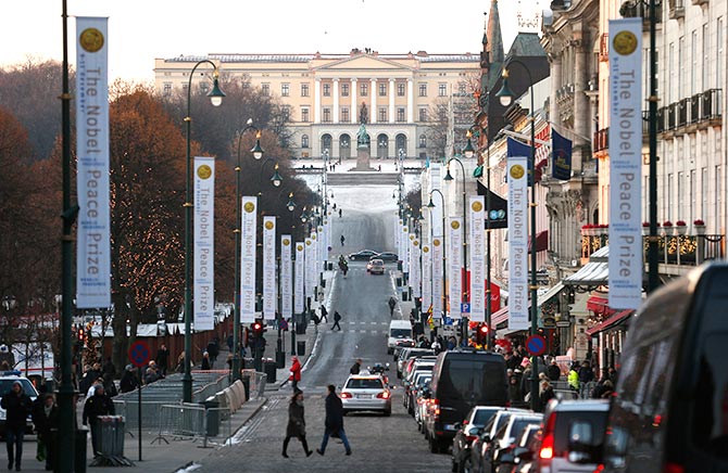 The Royal Palace is seen at the end of Karl Johans Gate in Oslo.