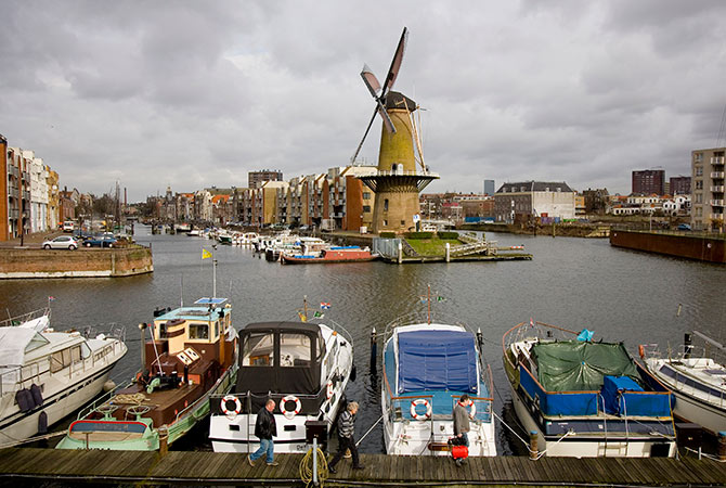 The Distilleerketel, a windmill built in 1727 and used to grind rye, can be seen at Delfshaven, an area of Rotterdam, the Netherlands