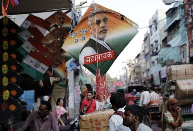 Kites carrying pictures of Prime Minister Narendra Modi. Photograph: Anindito Mukherjee/Reuters