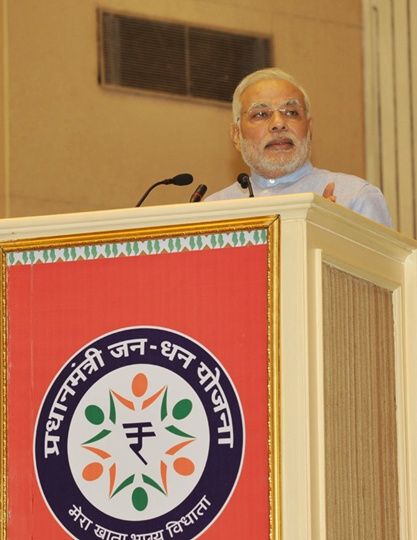 Prime Minister Narendra Modi addressing at the launch of the ‘Pradhan Mantri Jan Dhan Yojana ’, in New Delhi. Photograph: Courtesy, PIB 