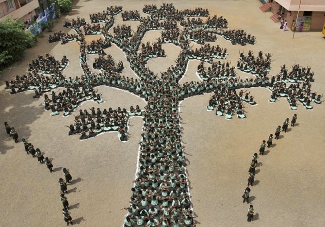 Students make a formation of a tree during a programme to create awareness to save trees and forests, in Chennai.