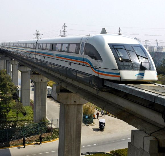 A maglev train drives into a terminal station in Shanghai 