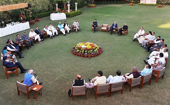Prime Minister Narendra Modi with state chief ministers at a meeting on replacing the Planning Commission. Photograph: Press Information Bureau