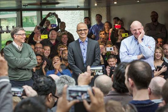 (From left) Bill Gates with Satya Nadella (centre) and the former CEO Steve Ballmer. 