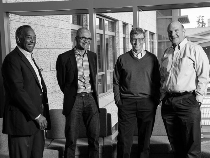(L to R) John Thompson (Chairman),Satya Nadella (CEO), Bill Gates (Founder & Technology Advisor) and Steve Ballmer (Former CEO) at at Microsoft HQ - in Redmond, WA, United States.