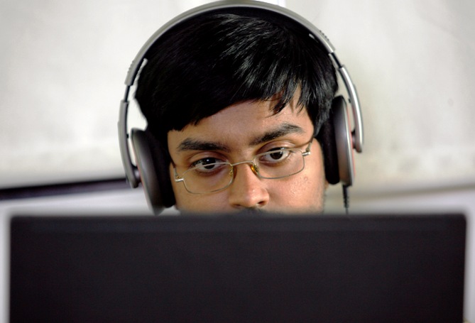 A researcher works on his laptop at the Microsoft India research centre in Bengaluru.