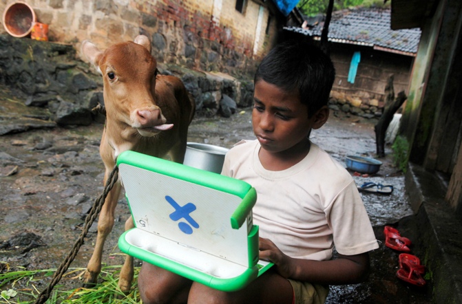 Harish, 11, a school boy uses a laptop provided under the 'One Laptop Per Child' project by a non-governmental organisation as a calf stands next to him, on the eve of International Literacy Day at Khairat village, about 90 km (56 miles) from Mumbai.