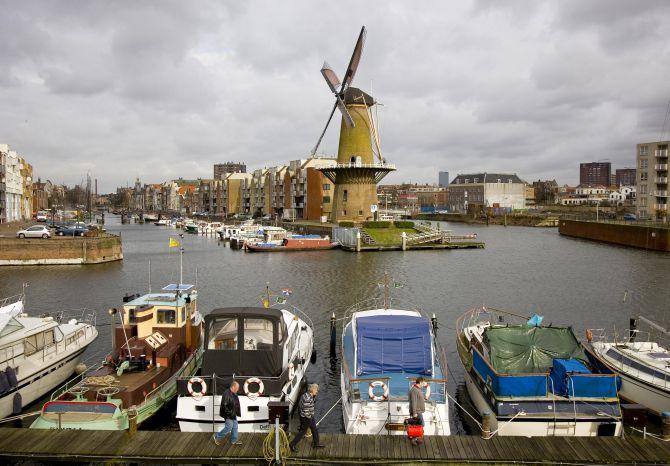 The Distilleerketel, a windmill built in 1727 and used to grind rye, can be seen at Delfshaven, an area of Rotterdam.