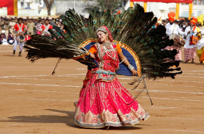 A folk dancer performs during Republic Day celebrations at Himmatnagar town, about 69 km (43 miles) east from Ahmedabad.
