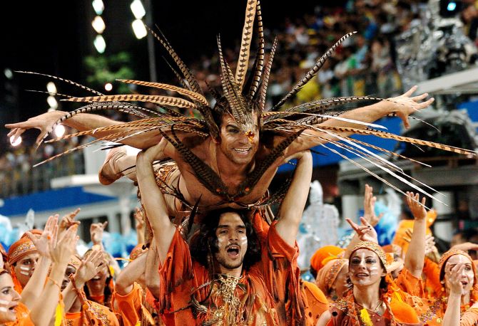 Carnival dancers belonging to the Nene da Vila Matilde samba school participate in the second night of the parade of samba schools in Sao Paulo