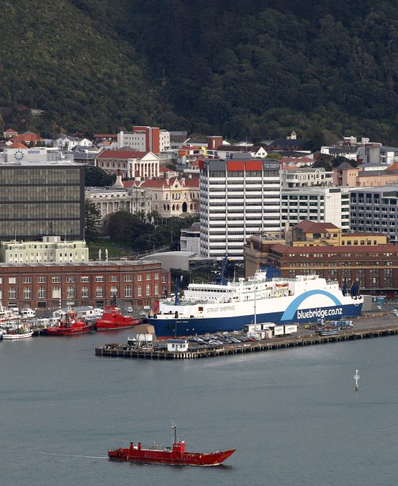 The Bluebridge Cook Strait Ferry is docked at Wellington Harbour.