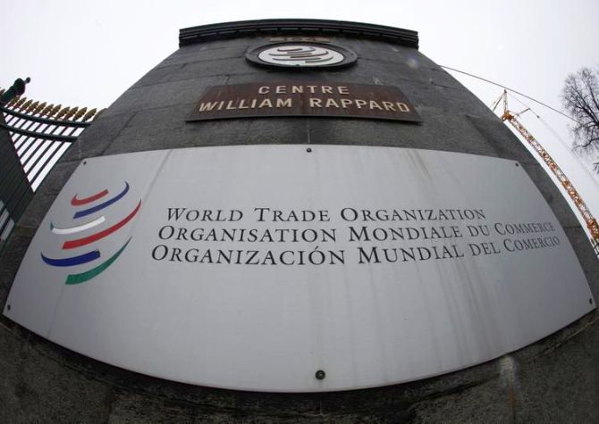 The World Trade Organization WTO logo is seen at the entrance of the WTO headquarters in Geneva.