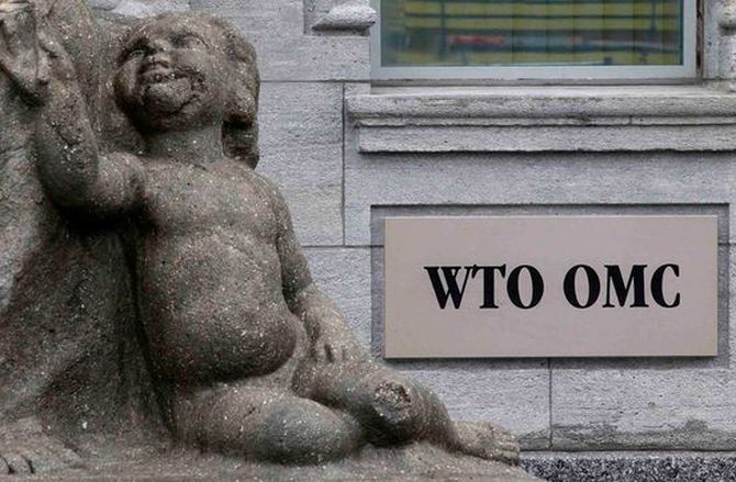 The World Trade Organization WTO sign is seen at the entrance of the WTO headquarters in Geneva.