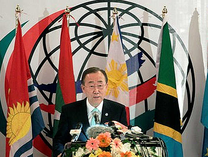 United Nations Secretary-General Ban Ki-moon talks during the international conference on climate change in Dhaka. in 2011