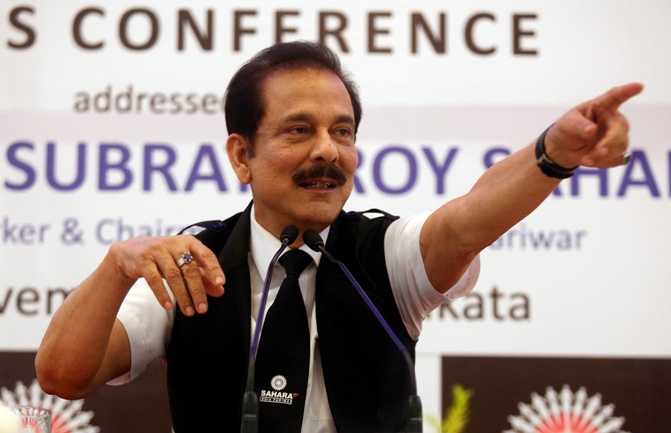 Sahara Group Chairman Subrata Roy gestures as he speaks during a news conference in Kolkata.