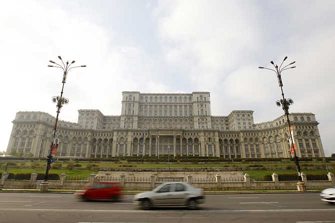 View of the Casa Poporului or House of the People, now the Parliament Palace, in downtown Bucharest, Romania.