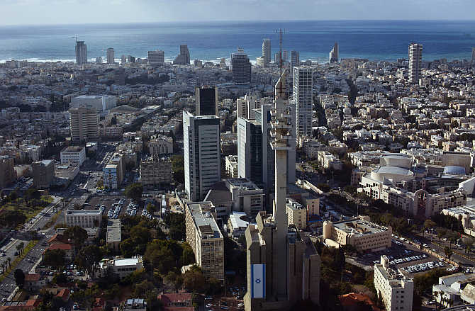 A view of central Tel Aviv with the Mediterranean Sea in the background, Israel.