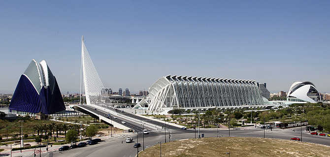A panoramic view of the City of Arts and Sciences in Valencia, Spain.